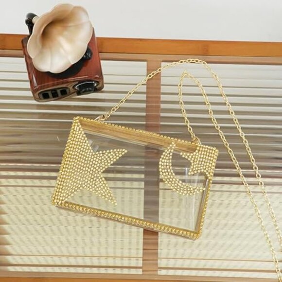 Neiman Marcus Gold Acrylic Moon and Star Rhinestone Chain Bag - Picture 2 of 5